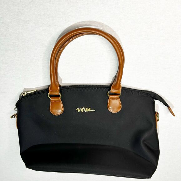 black NNEE Water Resistance Nylon Top Handle Satchel Handbag, faux leather trim - Picture 2 of 5